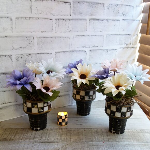 Rustic Checked Flower Pots and Checked Candle Bundle French Country Decor - Picture 8 of 9